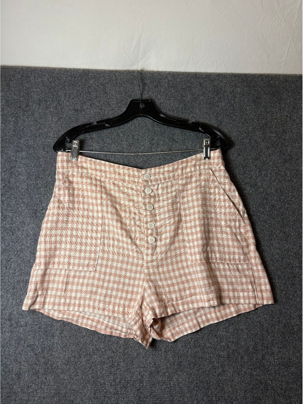 Reformation Pink and White Gingham Button-Front High-Waisted Shorts - 0240
